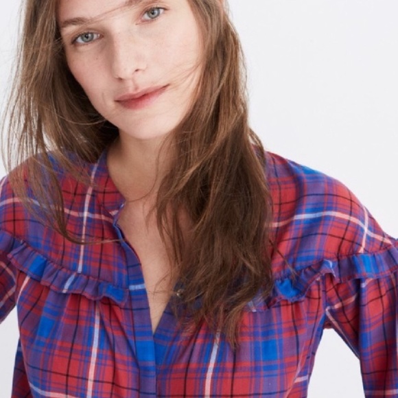 Madewell Tops - NWT Madewell Red Blue Plaid Ruffle Peasant Top